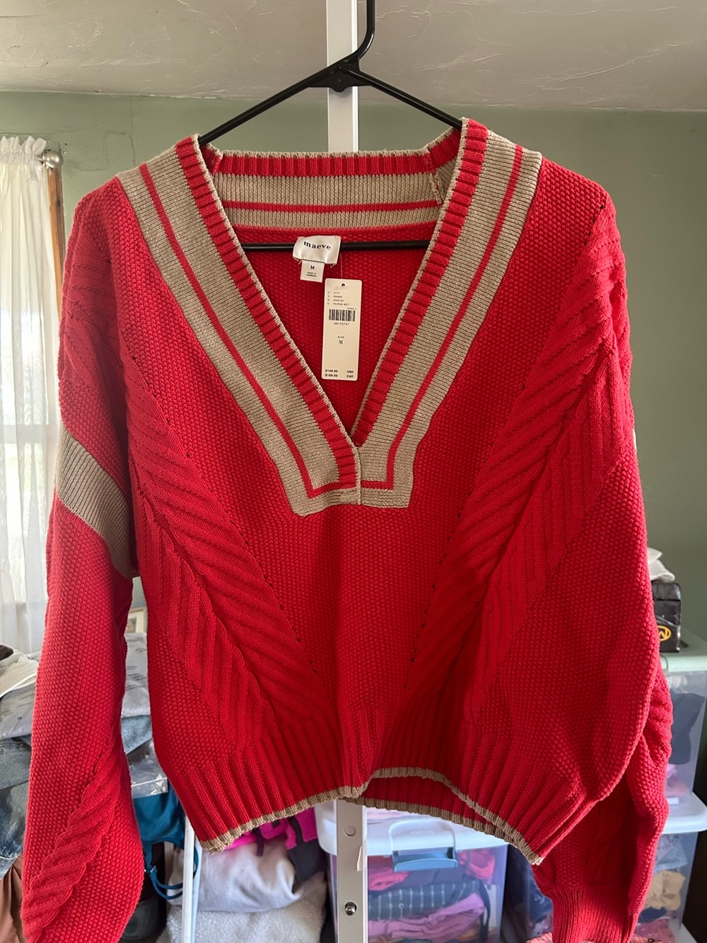 Maeve by Anthropologie Cable Sweater in Red & Cream